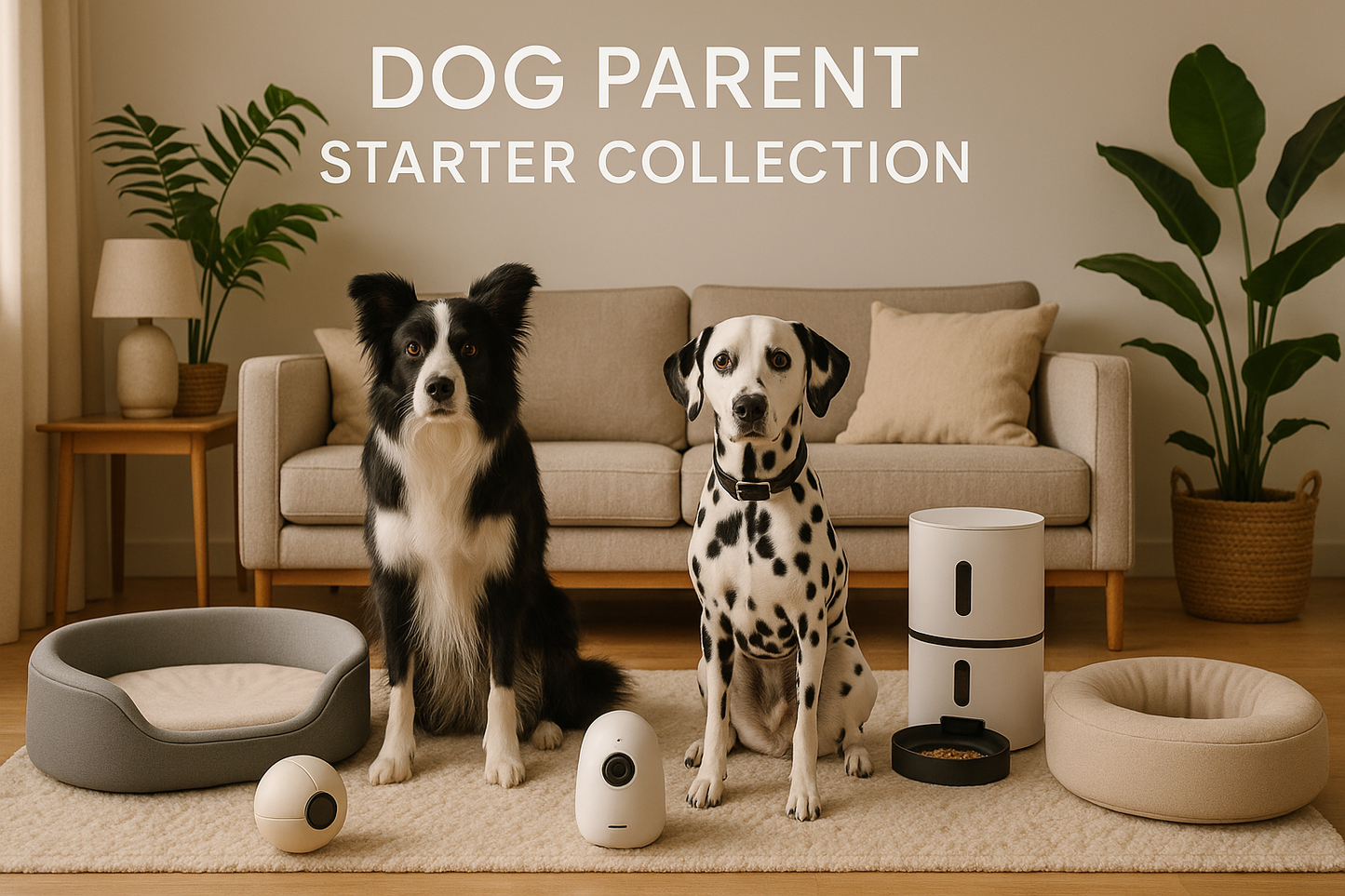 realistic image of black and white dogs surrounded by smart pet products, beds toys, furnished Scandinavian design living room, plants, warm earth tones, "DOG PARENT STARTER COLLECTION" top and centered