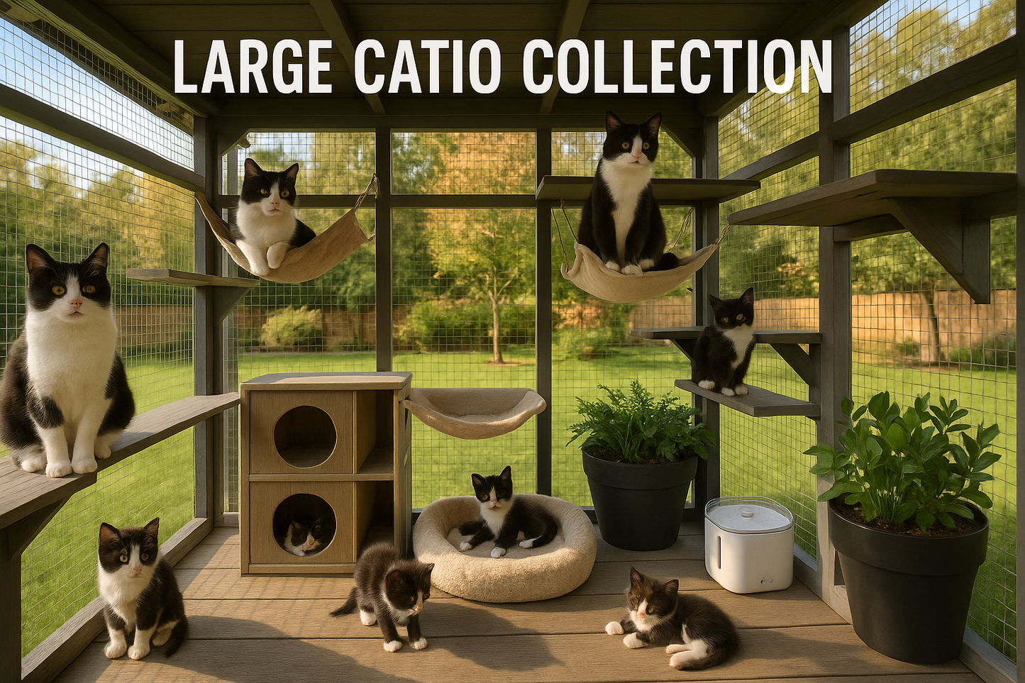 Large catio collection with multiple cats on a wooden platform with shelves and plants.