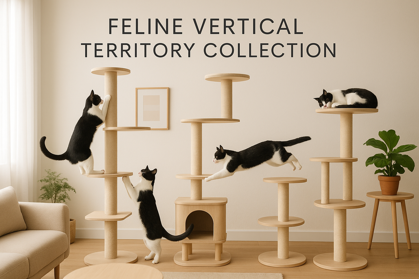 Cat trees with cats on a wooden floor in a room setting, labeled 'Feline Vertical Territory Collection'.
