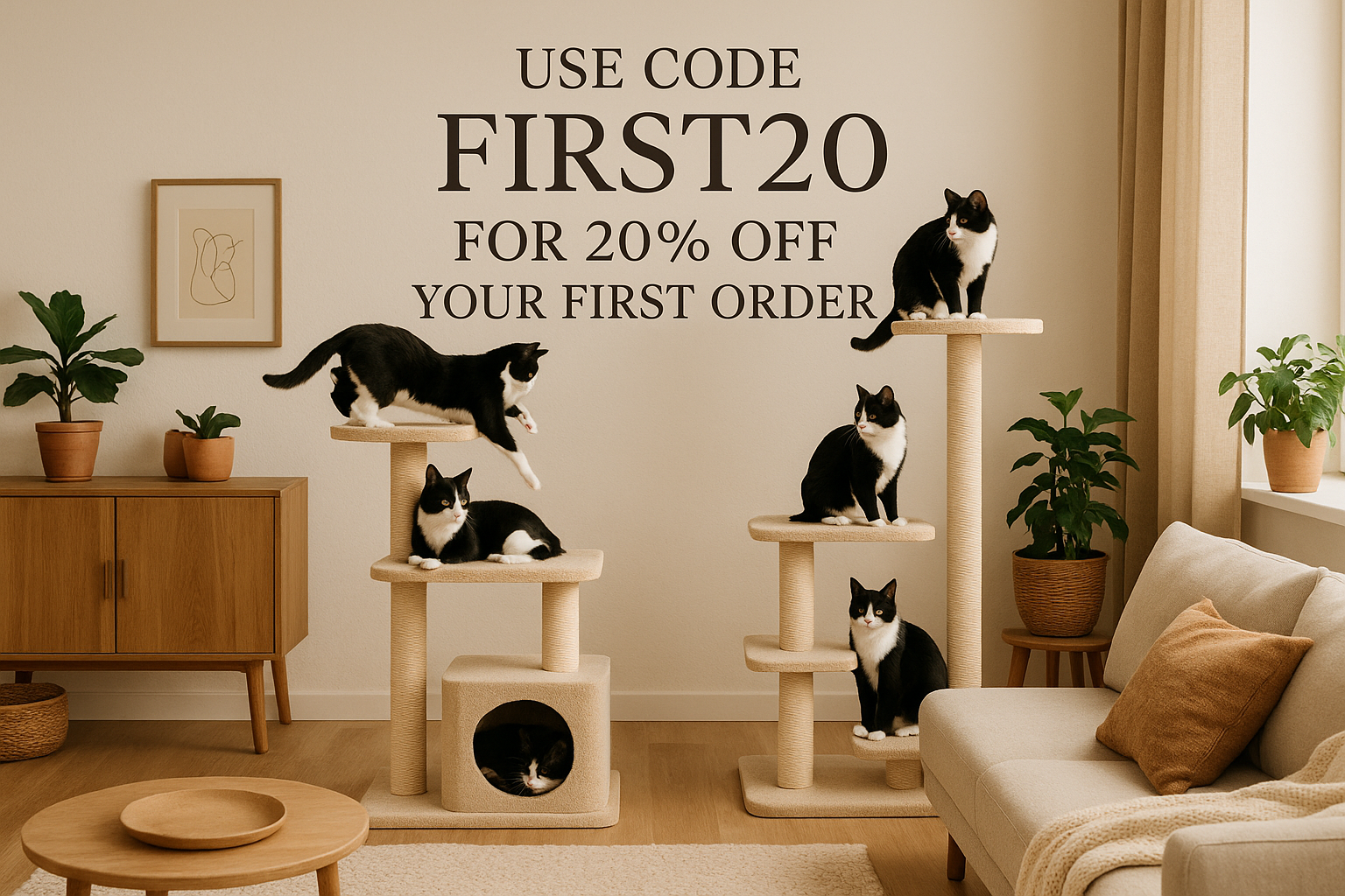realistic square product image, several black and white cats using cat trees, furnished home, Scandinavian Design, plants, warm natural earth tones, professional font with "USE CODE FIRST20 FOR 20% OFF YOUR FIRST ORDER" Top half and center of image
