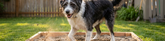 A friendly dog digging in a backyard dog dig box filled with sand in warm sunlight.