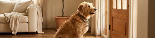 Dog sitting near the front door in a cozy home, looking toward the entryway as if waiting.