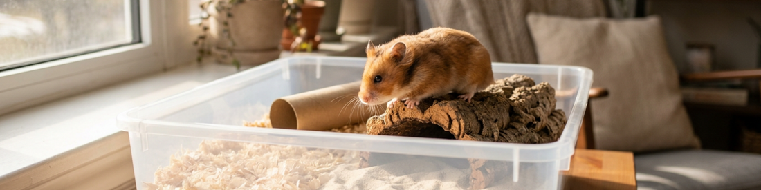 Hamster approaching a clear plastic dig box filled with safe substrates and simple natural enrichment items in warm natural light.