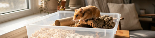 Hamster approaching a clear plastic dig box filled with safe substrates and simple natural enrichment items in warm natural light.