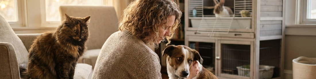 Pet parent with dog and cat in a calm living room, illustrating subtle pet stress signals and communication.