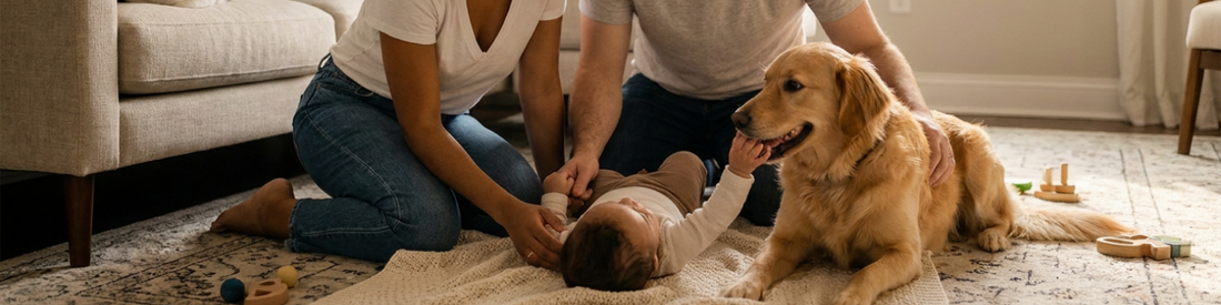 Diverse family relaxing at home with a dog and cat near their baby in a cozy living room.