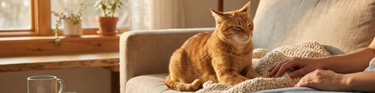 Cat kneading a soft blanket on a couch in warm window light