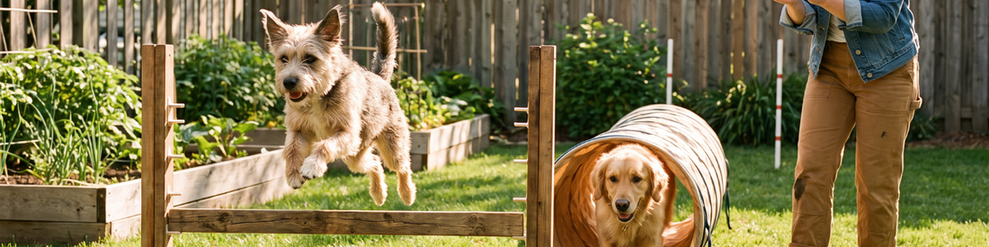 A happy dog runs through a simple backyard agility setup while their owner encourages them in a sunny yard.
