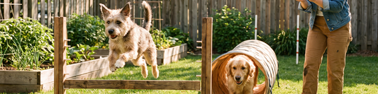 A happy dog runs through a simple backyard agility setup while their owner encourages them in a sunny yard.