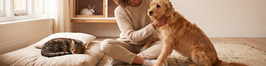 A pet parent sitting on the floor with a dog and cat in a warm, cozy living room.