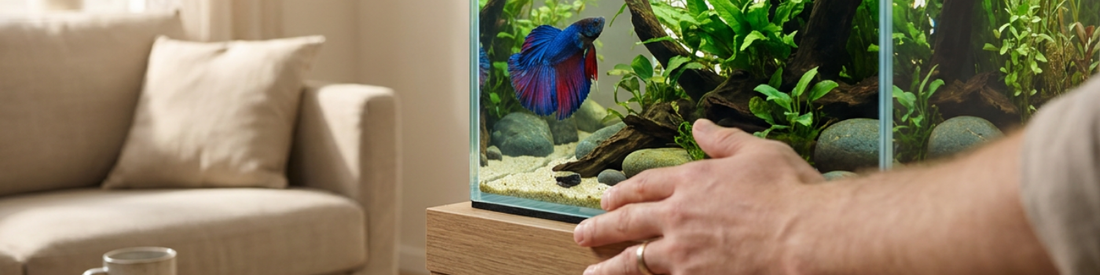 Clean planted betta aquarium in a calm home, with a vibrant betta fish near the front glass.