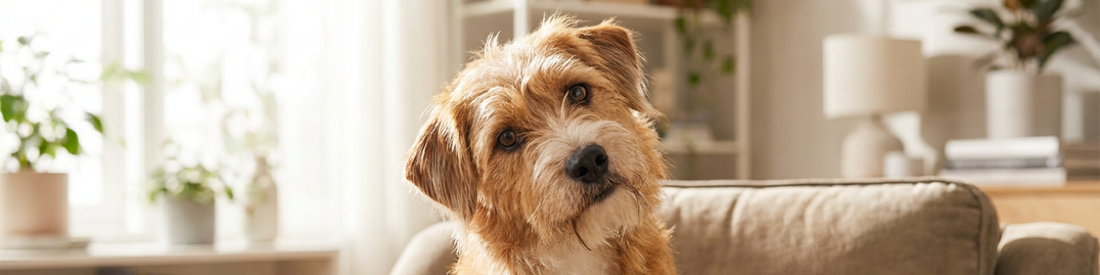 Banner image of cute and curious dog tilting its head indoors in warm natural light, looking toward the camera.