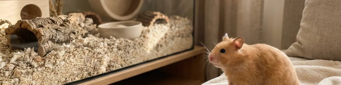 image a furry hamster on a sofa with its habitat in the background