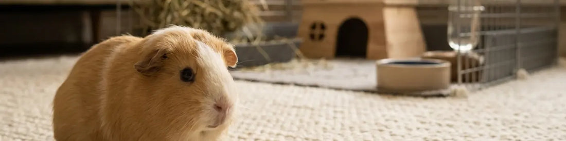 Hero banner image of a guinea pig with its playpen in the background
