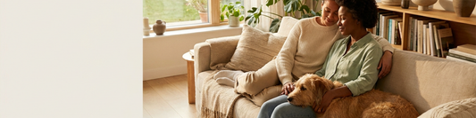 image of a couple relaxing on a sofa with their dog