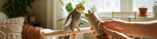 Small companion bird next to a simple DIY foraging toy made from a cardboard roll and natural twine in a bright home setting.