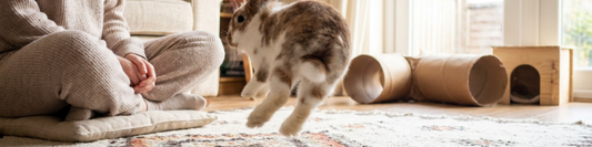 Happy pet rabbit mid-binky in a bright living room as a pet parent watches calmly from the floor.