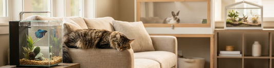 Hero banner image of several pet species in a living room setting