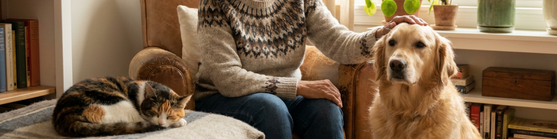 Older pet parent relaxing in a bright living room while gently petting a dog, with a calm cat nearby.