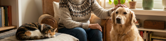 Older pet parent relaxing in a bright living room while gently petting a dog, with a calm cat nearby.