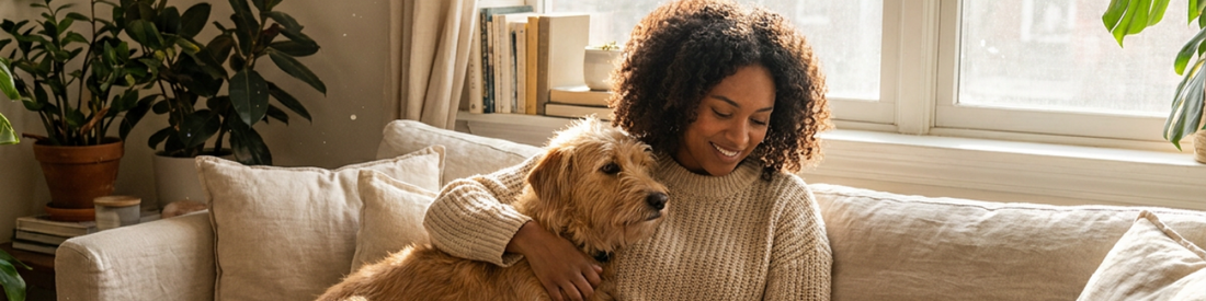 Pet parent relaxing on a couch with a dog and cat, showing comfort and connection.