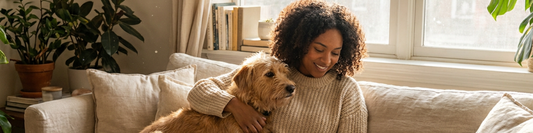 Pet parent relaxing on a couch with a dog and cat, showing comfort and connection.
