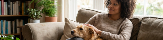 Pet parent gently petting a relaxed dog on a couch in a calm, cozy living room.