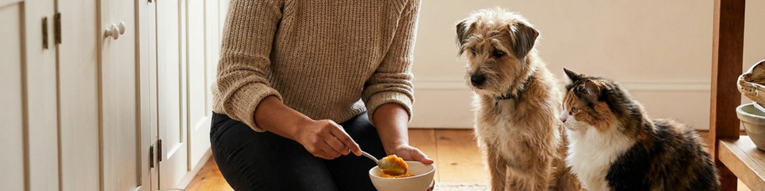 Pet parent preparing food bowls for a dog and a cat in a bright kitchen, with both pets waiting calmly nearby.