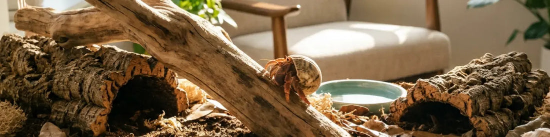 hero banner image of a hermit crab climbing a log in its enclosure 