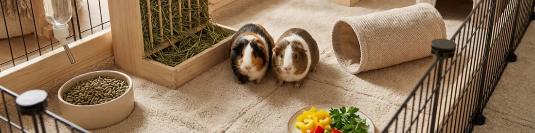 banner image of 2 guinea pigs in a play pen style enclosure
