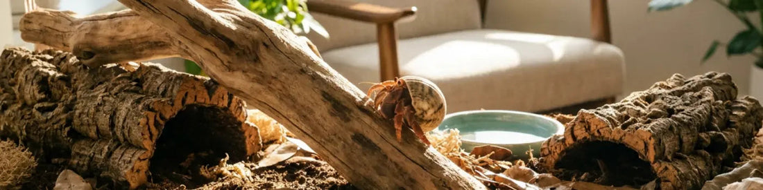 hero banner image of a hermit crab climbing a log in its enclosure 
