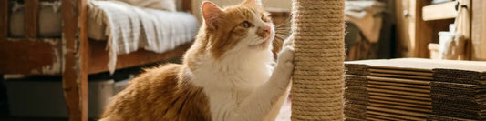 Hero banner image of a cat scratching a rope post.