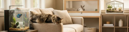 Hero banner image of several pet species in a living room setting