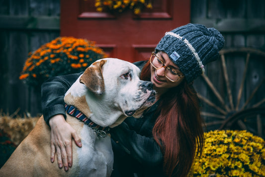 woman petting white dog during daytime