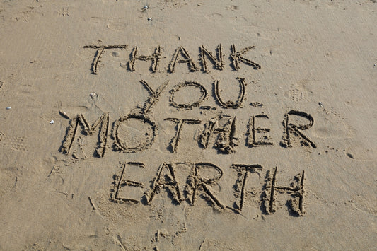 Thank you, mother earth, written in sand.