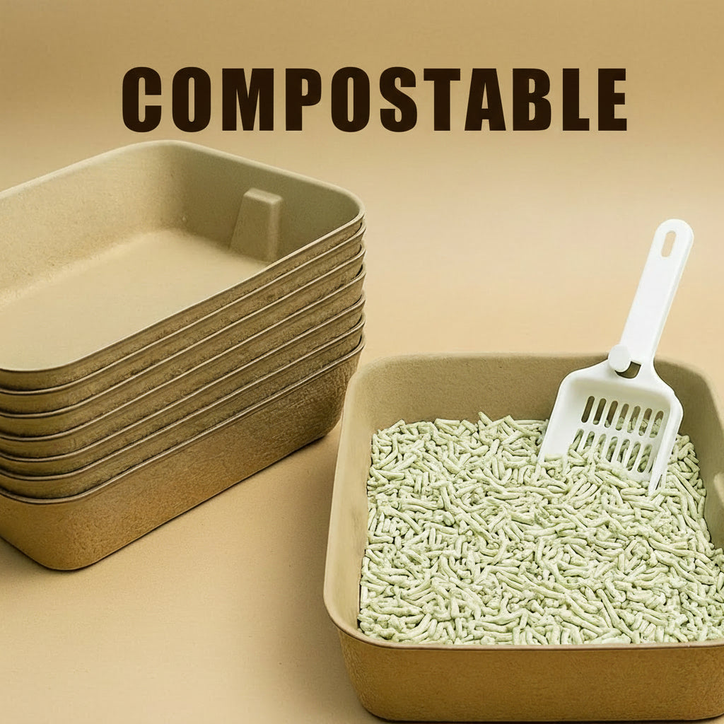 Compostable cat litter box with a white scoop on a blurred beige background