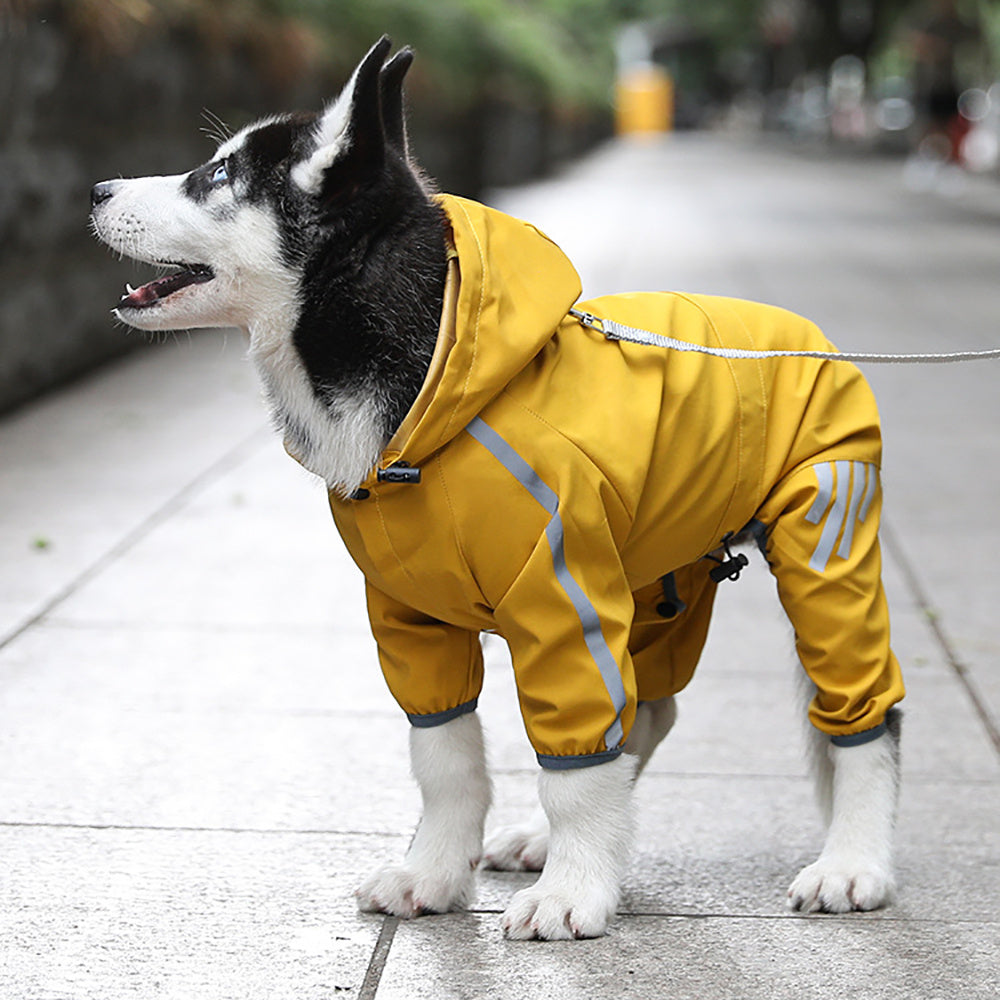 Waterproof Dog Raincoat - Four-Leg Design with Reflective Strips, Breathable Polyester Dog Rain Jacket with Adjustable Drawstrings