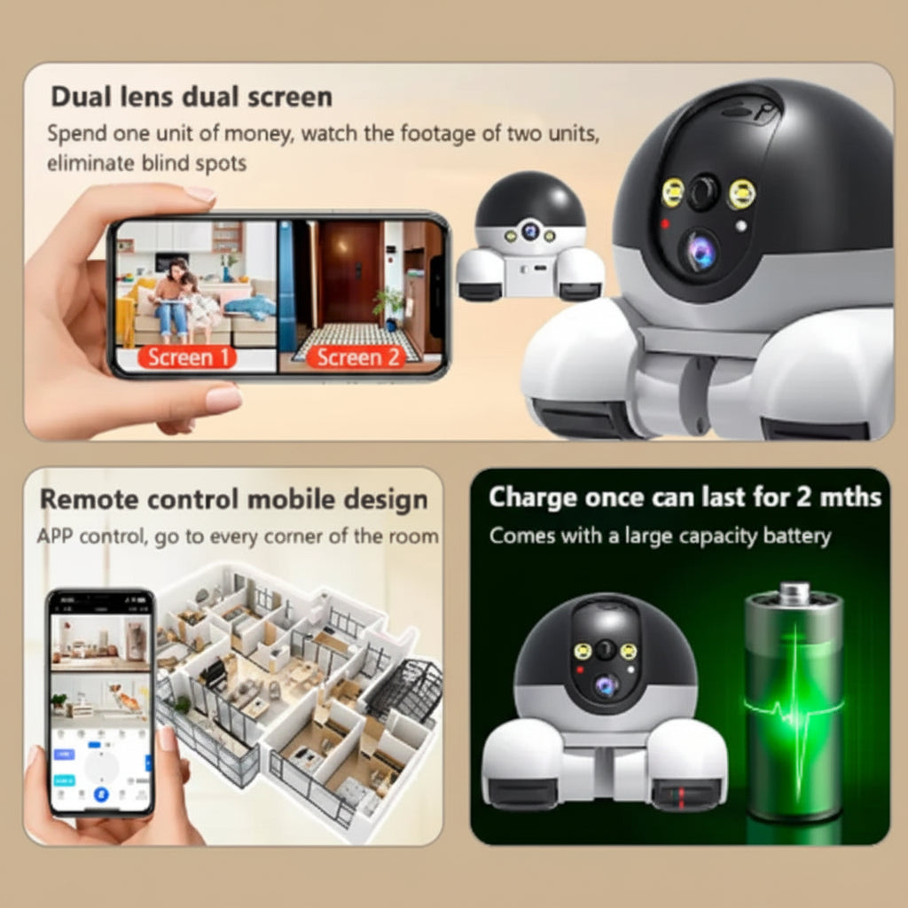 Smart home security camera with dual screen display, remote control app, and battery life information.