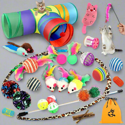 32 Pcs Cat Toys Kitten Toys, Interactive Variety Catnip Toys with Collapsible Rainbow Tunnel, Cat Feather Teaser Crinkle Balls Spring Toy for Cat, Kitty, Puppy