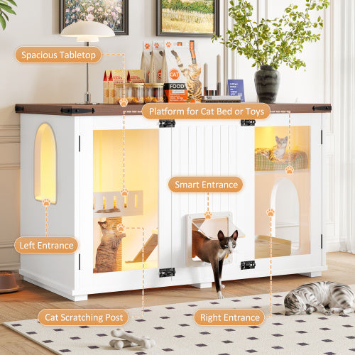 47.25" Large Cat Litter Box Enclosure with LED Light - Hidden Litter Box Furniture, Cat House with Stairs and Cat Scratching Post, Cat Cabinet Side Table with Smart Doors for Living Room, White