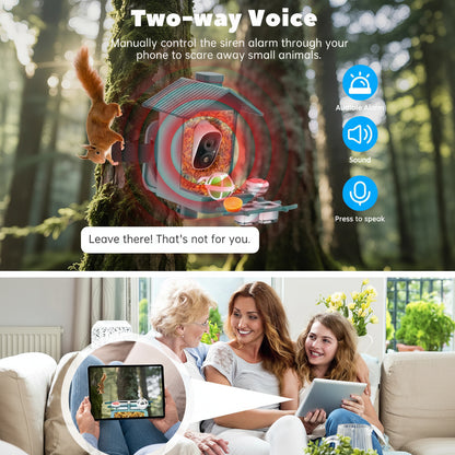 Two-way voice control device with a fox and a family on a couch using tablets.