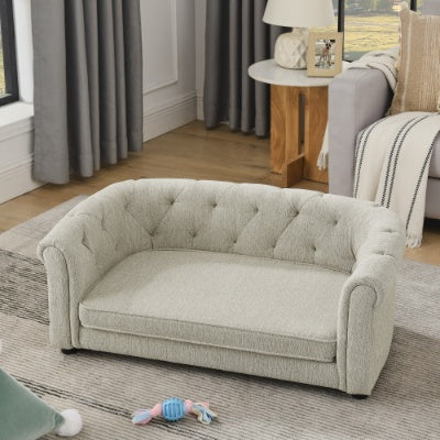 Contemporary Pet Sofa with Arc-Shaped Backrest - Breathable Linen Dog Couch with Button-Tufted Design