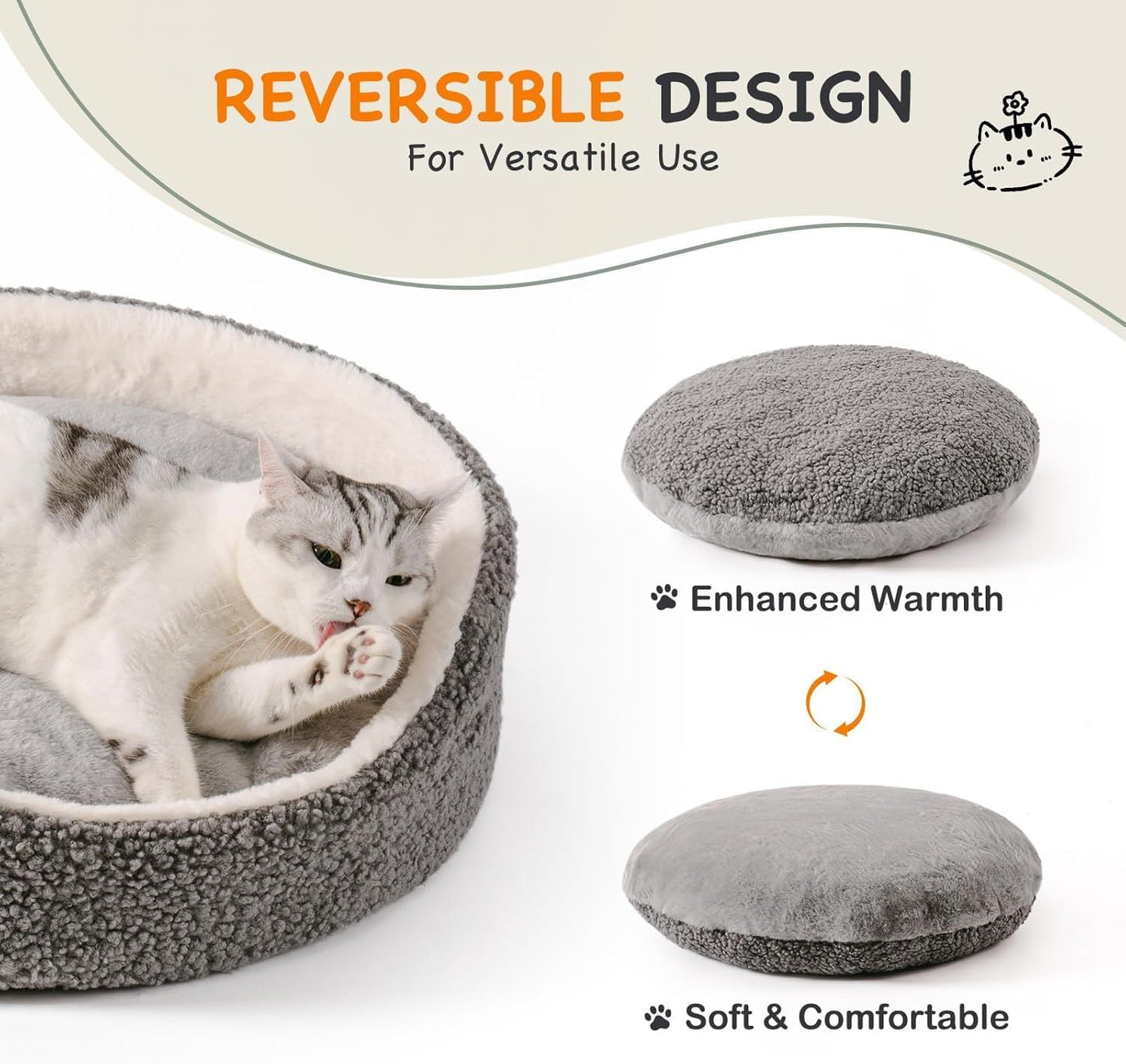 Soft & Comfortable Pet Bed - 23" Round Plush Bed with Reversible Cushion, Machine Washable for Small Dogs and Indoor Cats