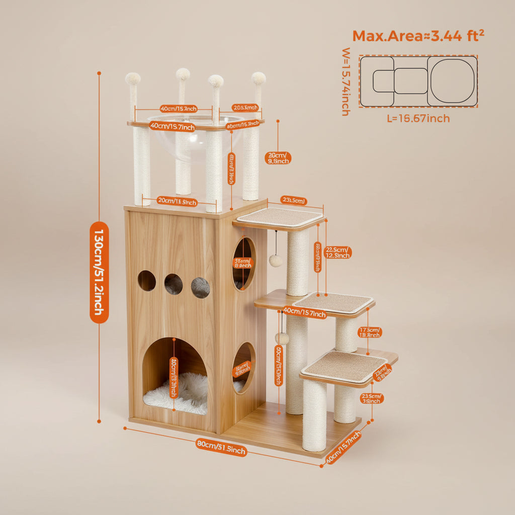 Wooden cat tree with dimensions and measurements on a beige background