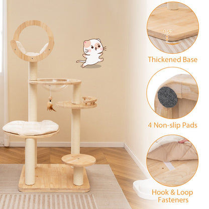 4-In-1 Large Wooden Cat Tower with Space Capsule Nest for Indoor Cats