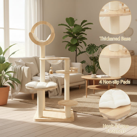 4-In-1 Large Wooden Cat Tower with Space Capsule Nest for Indoor Cats