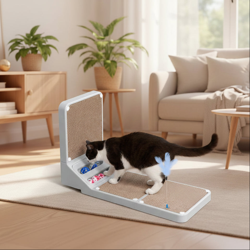 Cat interacting with a scratcher toy in a scandinavian design living room.