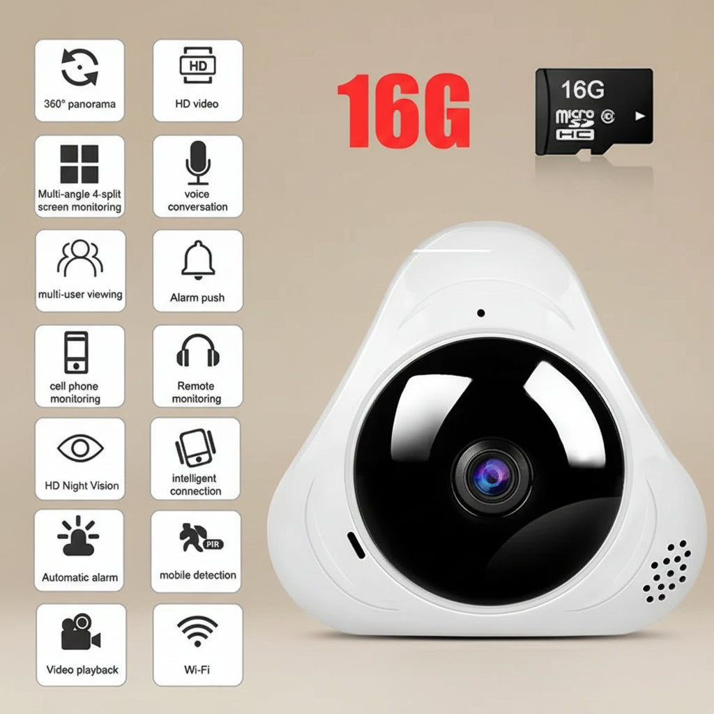 White security camera with features listed on a white background