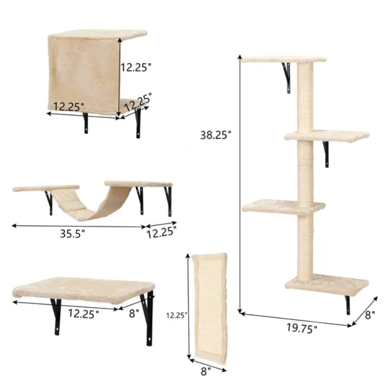 5 Pcs Wall Mounted Cat Climber Set - Floating Cat Shelves And Perches - Cat Activity Tree With Scratching Posts - Modern Cat Furniture