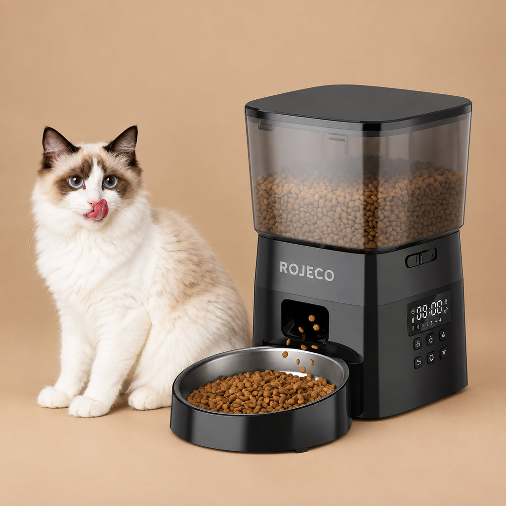 Cat sitting next to a ROJECO pet feeder on a wooden floor.